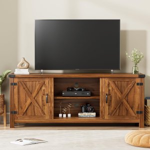 YESHOMY Mueble moderno para TV con dos puertas de granero y armarios de almacenamiento para televisores de hasta 65 pulgadas, consola central de entretenimiento, muebles multimedia para sala de estar.